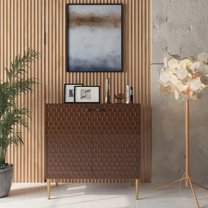 2-Door Storage Cabinet with Adjustable Shelf and Gold Metal Legs Modern Sideboard