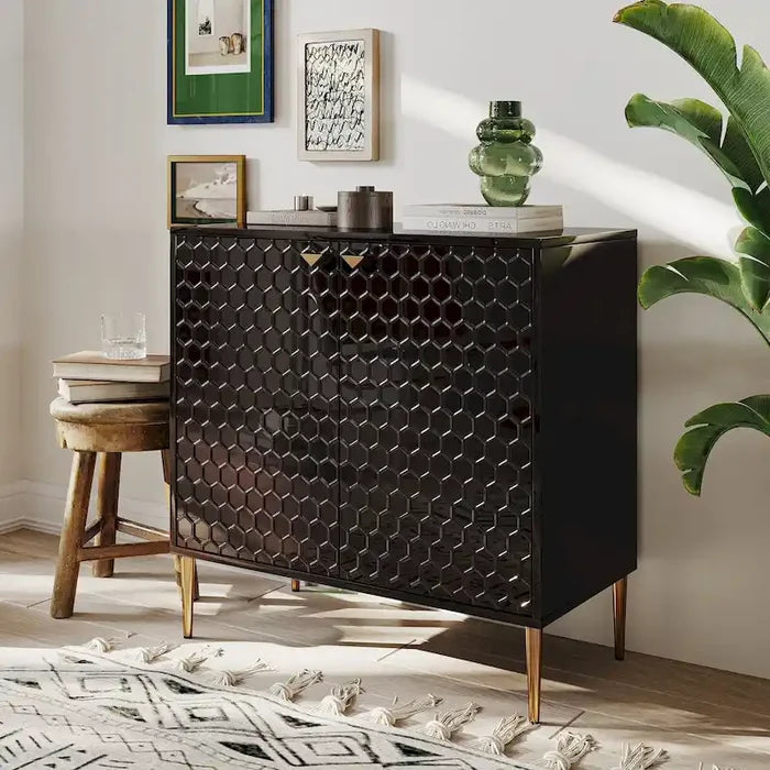 2-Door Storage Cabinet with Adjustable Shelf and Gold Metal Legs Modern Sideboard