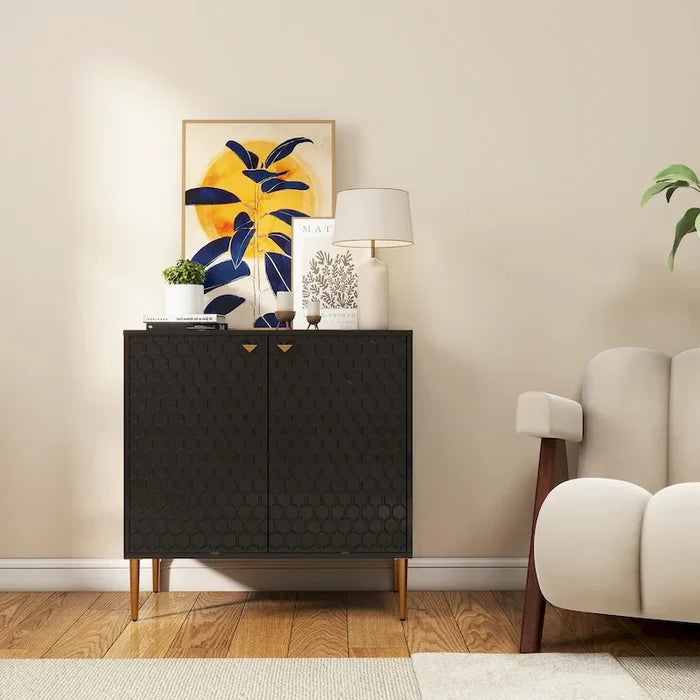 2-Door Storage Cabinet with Adjustable Shelf and Gold Metal Legs Modern Sideboard