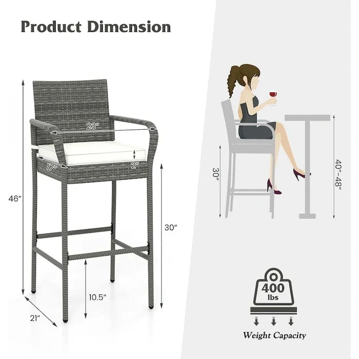 2/4 Pack Outdoor Bar Chairs Set Rattan Bar Stools with Seat Cushions