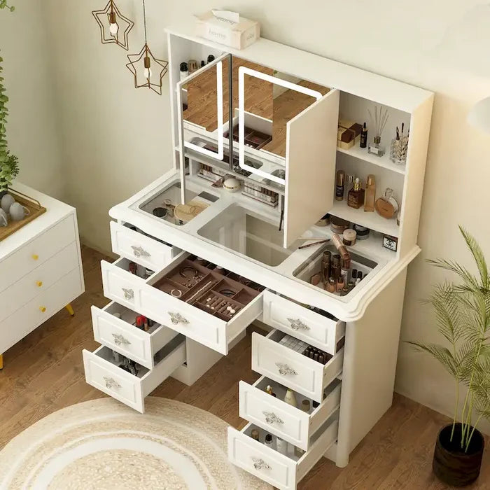 43.3W White Makeup Vanity Desk with Mirror and Nine Drawers
