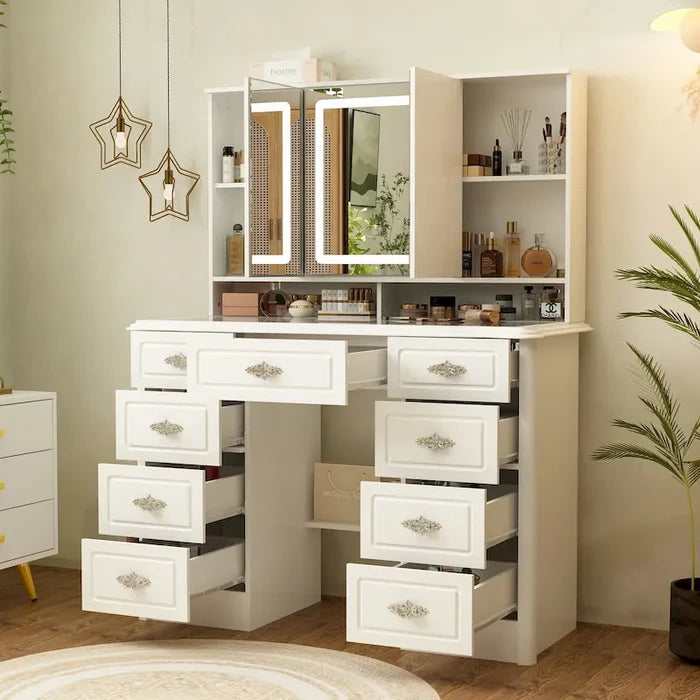 43.3W White Makeup Vanity Desk with Mirror and Nine Drawers