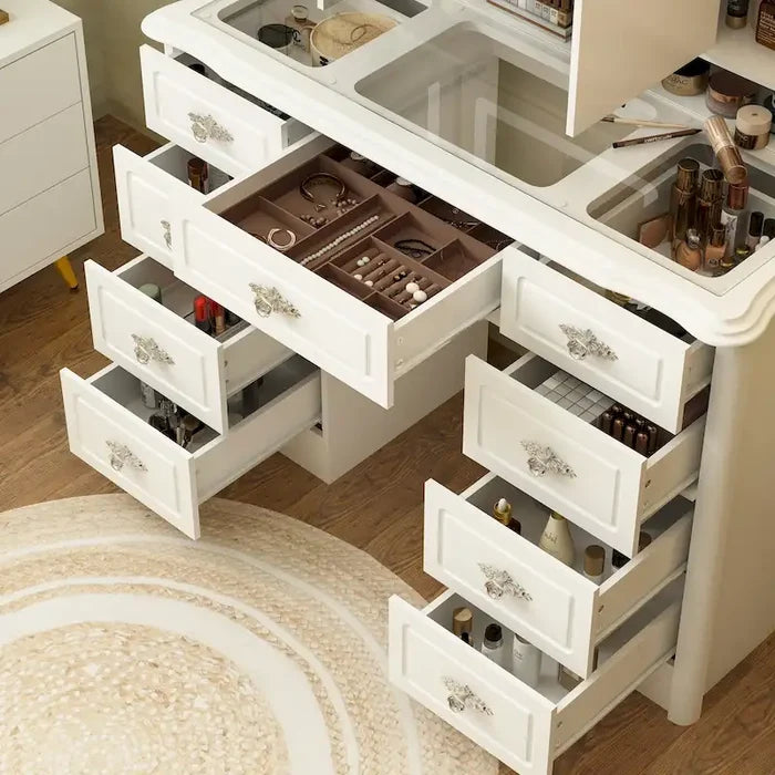 43.3W White Makeup Vanity Desk with Mirror and Nine Drawers