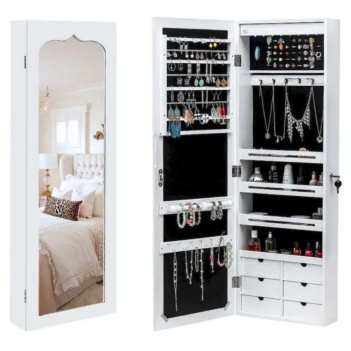 6-Drawer Wooden Wall Hanging White Jewelry Armoire Cabinet