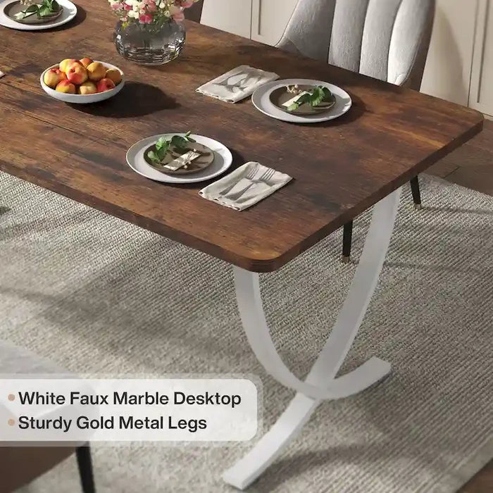 63-Inch Rectangular Dining Table for 4 to 6 with Faux Marble Top and Gold Metal Legs