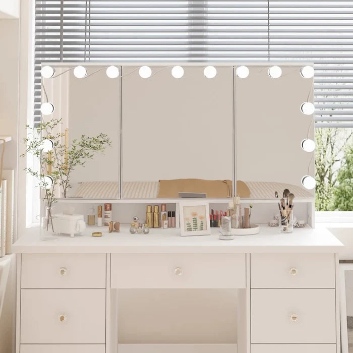 9-Drawer Vanity Desk with LED Mirror and Soft-Close Drawers