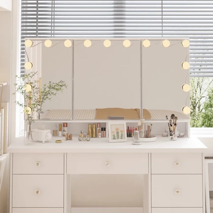 9-Drawer Vanity Desk with LED Mirror and Soft-Close Drawers