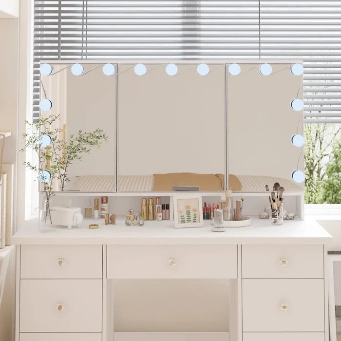 9-Drawer Vanity Desk with LED Mirror and Soft-Close Drawers
