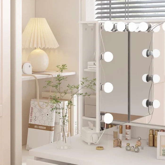 9-Drawer Vanity Desk with LED Mirror and Soft-Close Drawers