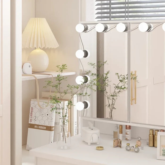 9-Drawer Vanity Desk with LED Mirror and Soft-Close Drawers