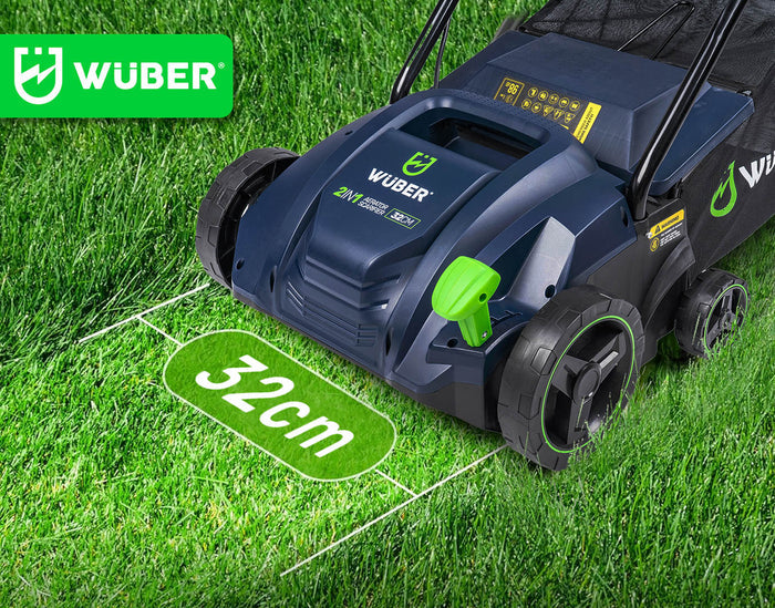 Niebieski Sklep narzędziowy WUBER wertykulator 2w1 aerator 22 cm z zieloną rączką na trawie