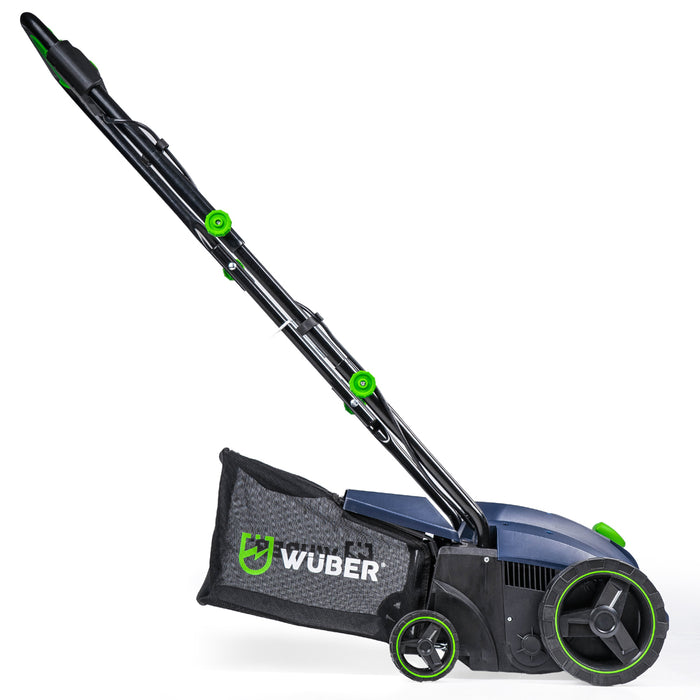 Czarna kosiarka Sklep narzędziowy WUBER z zielonymi kołami i workiem na trawę ogrodową
