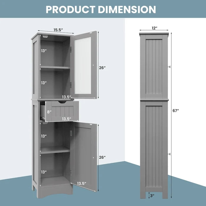Bathroom Tall Cabinet Freestanding Linen Tower with Doors & Drawer