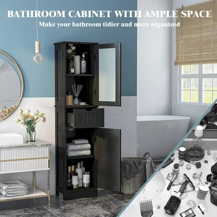 Bathroom Tall Cabinet Freestanding Linen Tower with Doors & Drawer