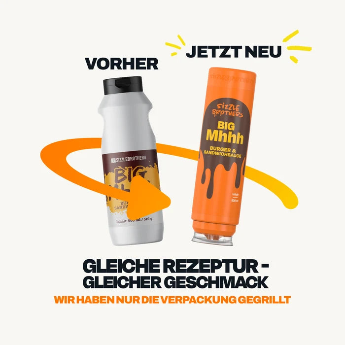 Neue Verpackung der SizzleBrothers Big Mhhh Burger-Sauce, alte weiße Flasche neben der neuen orangefarbenen 500 ml Flasche