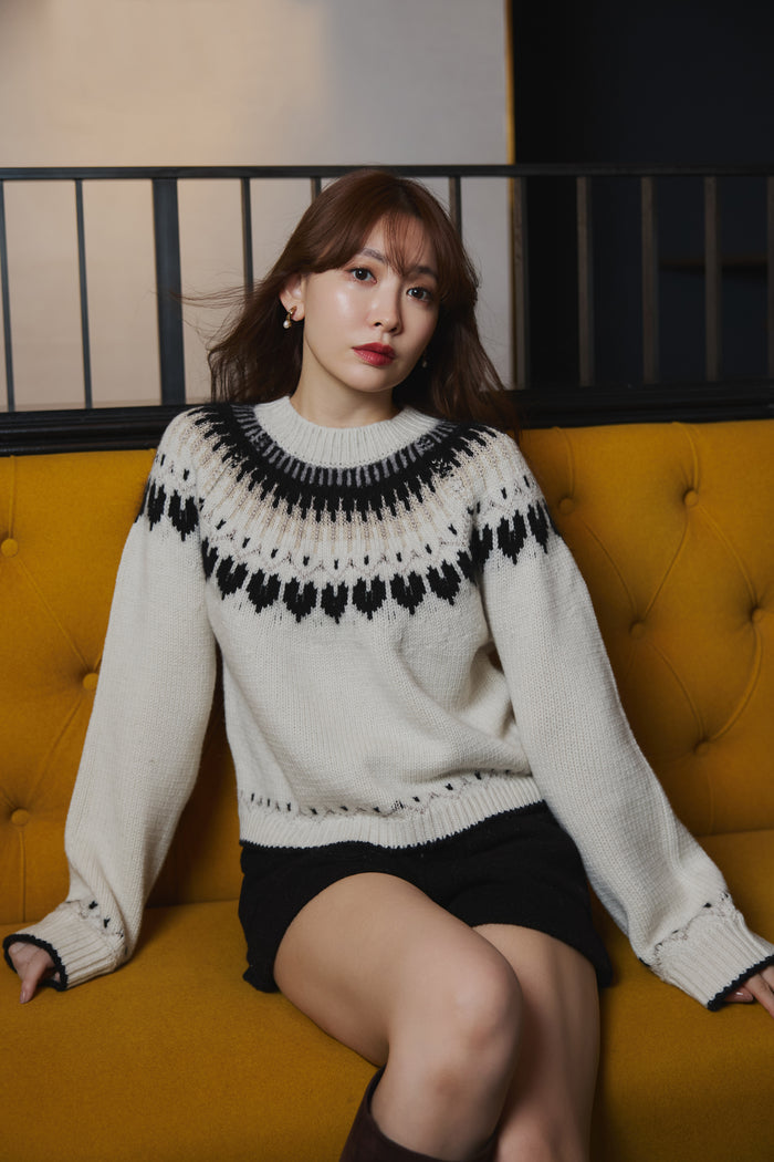 【black / espresso / vanilla / light gray】Heart Fair Isle Knit Pullover