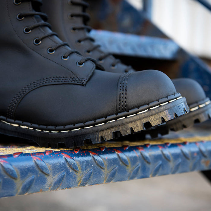 Black Greasy 10 Eye Steel Toe Capped Derby Boot