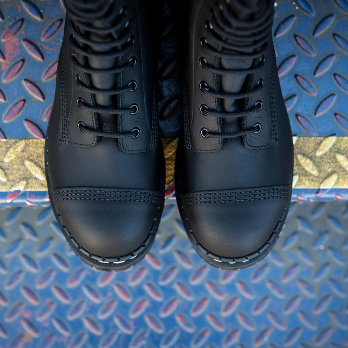 Black Greasy 10 Eye Steel Toe Capped Derby Boot