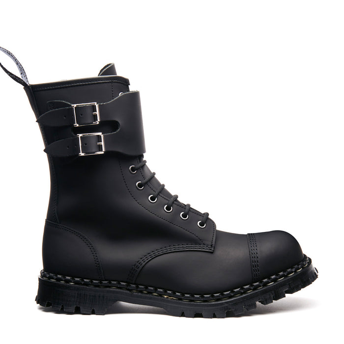 Black Greasy 10 Eye Steel Toe Capped Zip Twin Strap Derby Boot