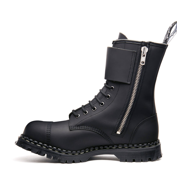 Black Greasy 10 Eye Steel Toe Capped Zip Twin Strap Derby Boot