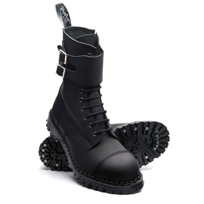 Black Greasy 10 Eye Steel Toe Capped Zip Twin Strap Derby Boot