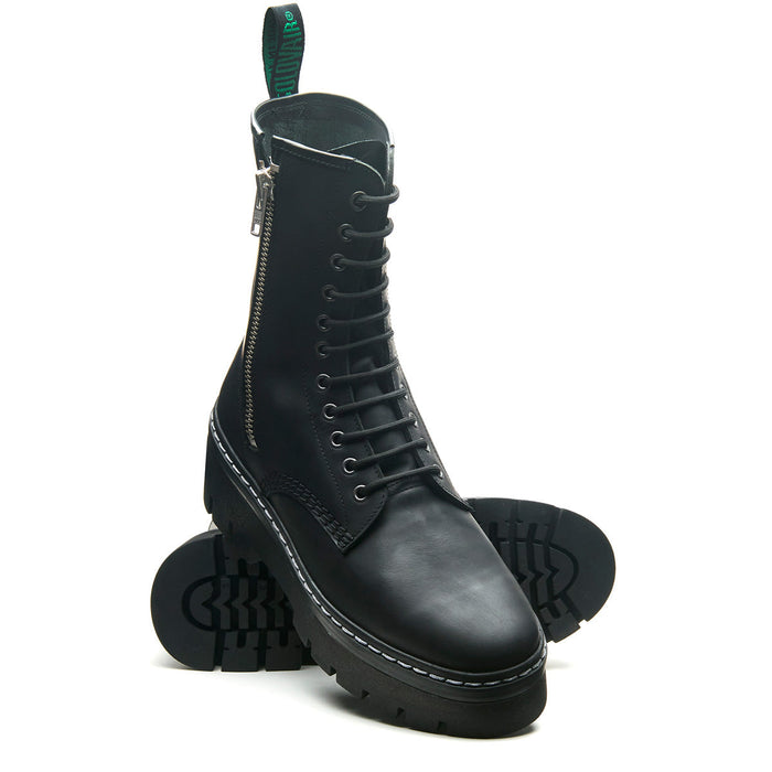 Black Greasy 11 Eye Zipped Platform Derby Boot