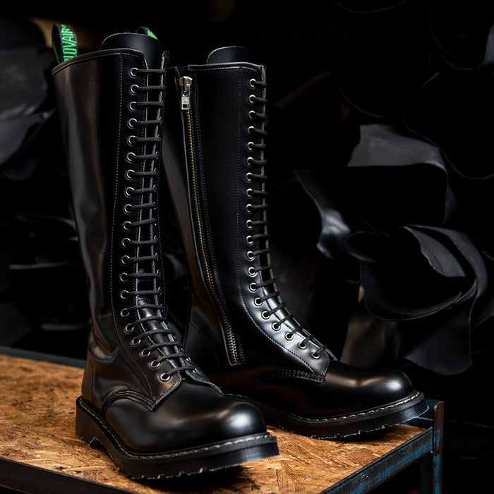 Black Hi-Shine 20 Eye Zip Derby Boot