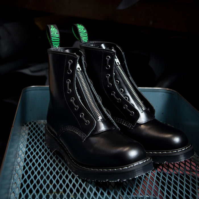 Black Hi-Shine 8 Eye Derby Boot & Zip Guard
