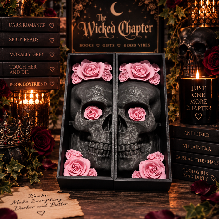 Book nooks / Pair of Book end skull with flower: Black / Light Sakura pink
