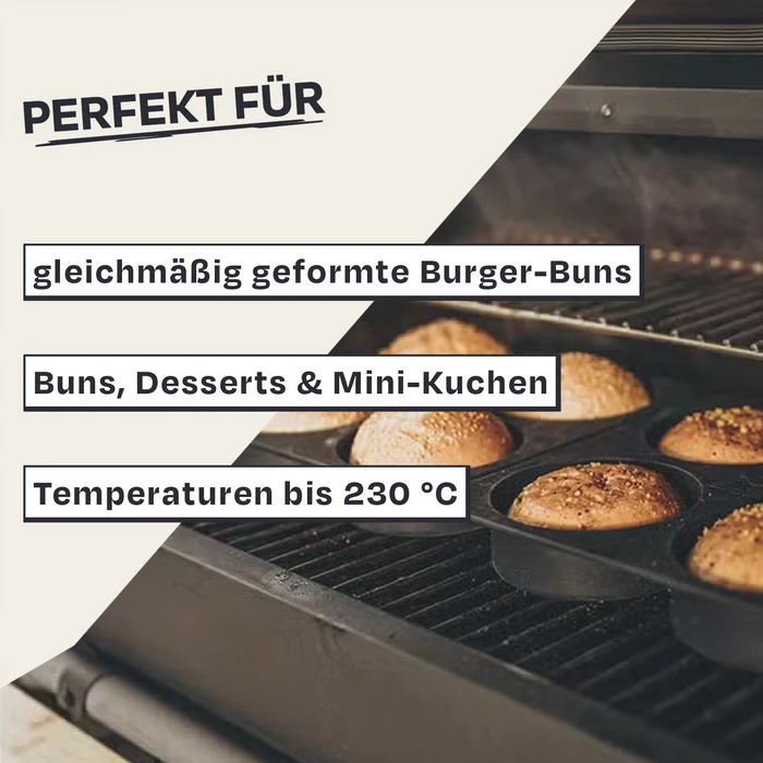 Burger-Buns in schwarzer Form im Ofen. Text: Perfekt für gleichmäßig geformte Burger-Buns.