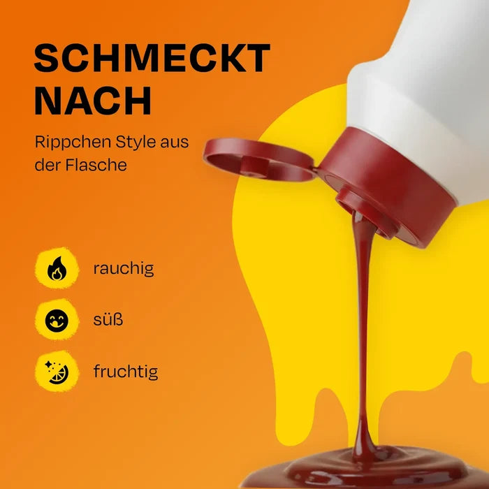 Flasche mit offenem roten Deckel, aus der eine dunkelrote Burger und Ribs Sauce fließt, vor orange-gelbem Hintergrund mit Text rauchig, süß und fruchtig