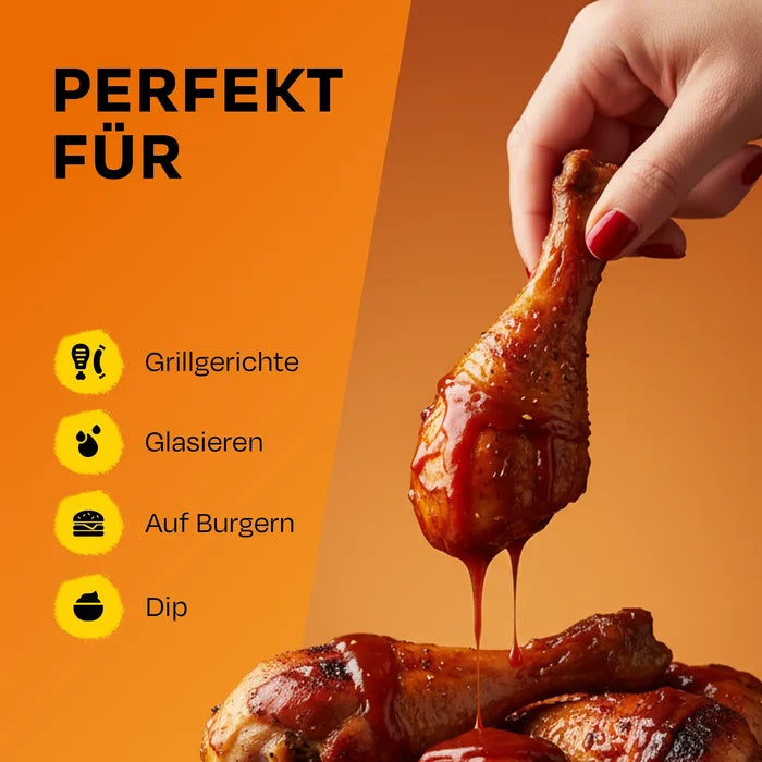 Hand taucht Hähnchenschenkel in Sauce. Liste perfekter Verwendungen wie Grillgerichte.