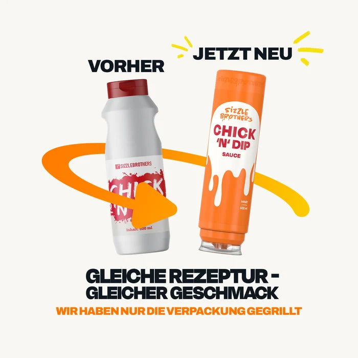 Neue Verpackung der SizzleBrothers Chick n Dip Sauce, alte weiße Flasche neben der neuen orangefarbenen 500 ml Flasche