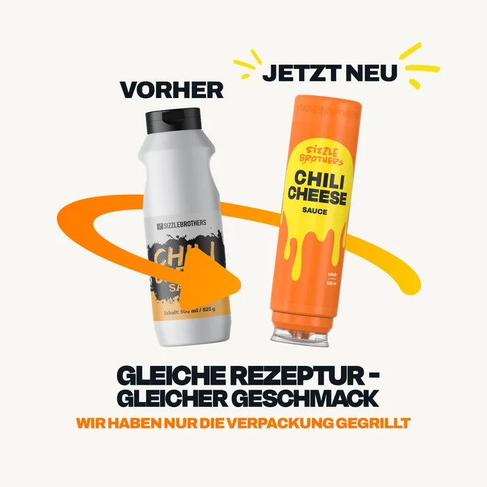 Vorher-Nachher-Vergleich der SizzleBrothers Chili Cheese Sauce, alte weiße Flasche neben neuer Flasche in orange, Packaging-Redesign