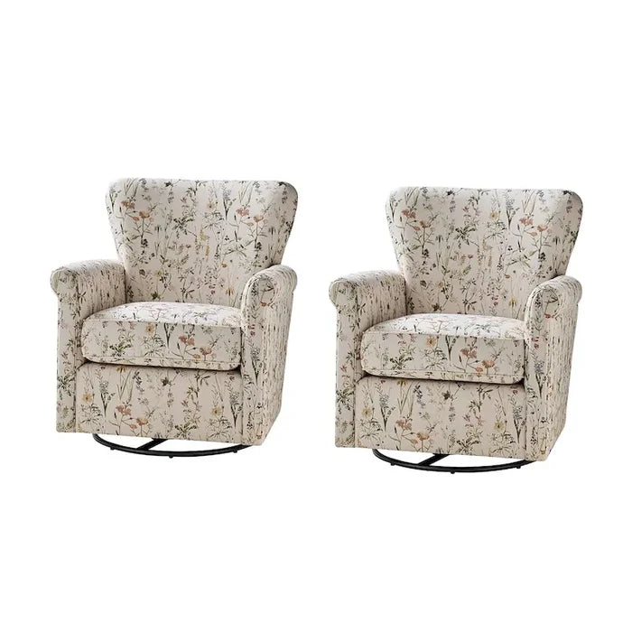 Comfortable Floral Fabric Swivel Rocker Chair with Rolled Armrest Set of 2