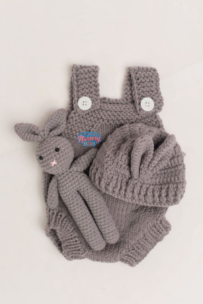Crochet Jumper Set with Hat & Bunny Toy (side view) — Little Mamas Nursery
