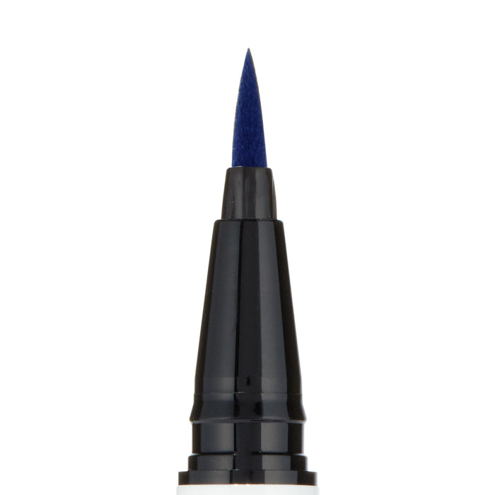 ColourPop BFF Liquid Liner, shade Crzy, showing a precise felt-tip applicator saturated with bold electric-blue pigment, macro close-up on a white background for crisp lines and winged eyeliner control.