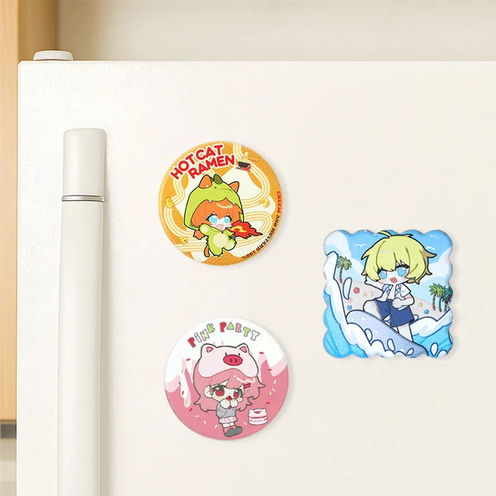 Custom 3D beechwood fridge magnets with colorful anime characters on a white refrigerator