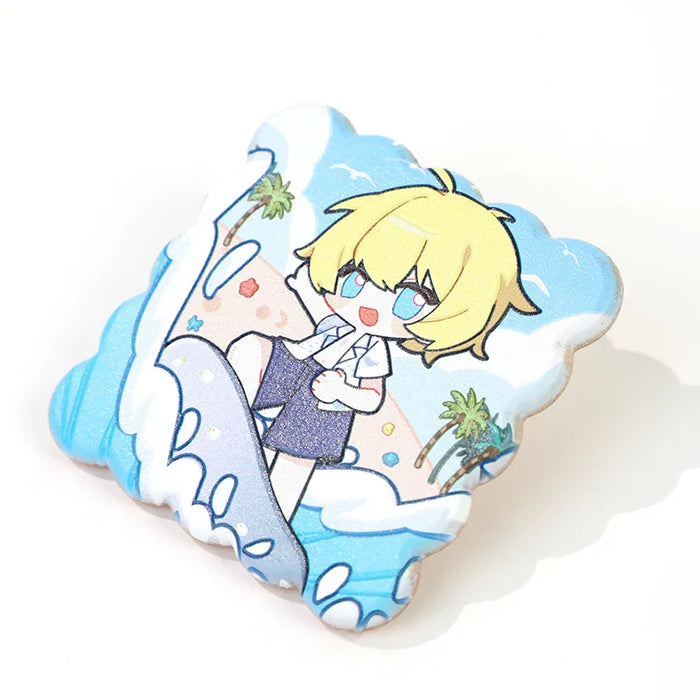 Custom 3D beechwood fridge magnet with anime surfer character and beach scene design