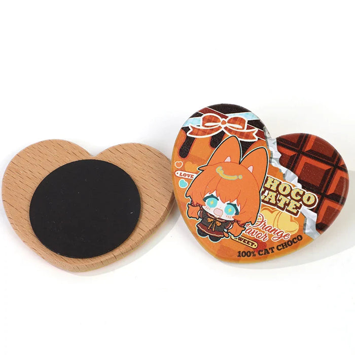 Heart-shaped beechwood fridge magnets with cute anime cat character and colorful design
