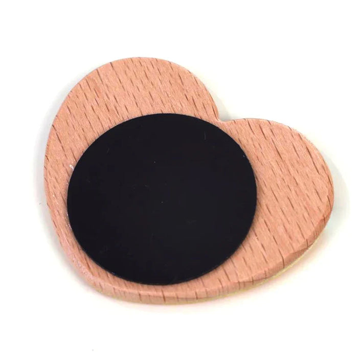 Heart-shaped beechwood fridge magnet with black circular magnet backing