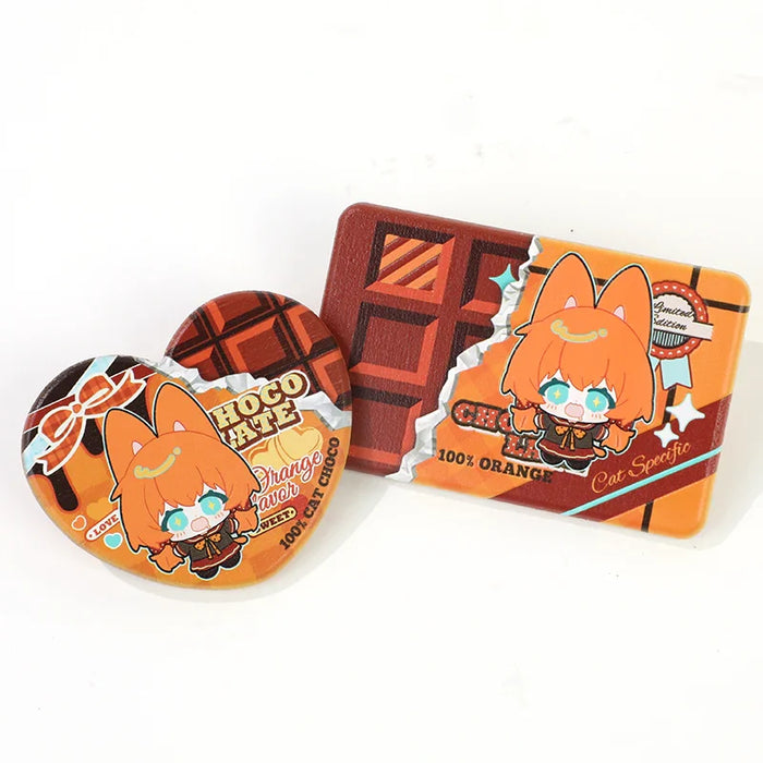 Custom 3D beechwood fridge magnets with cute orange cat character and chocolate bar design.