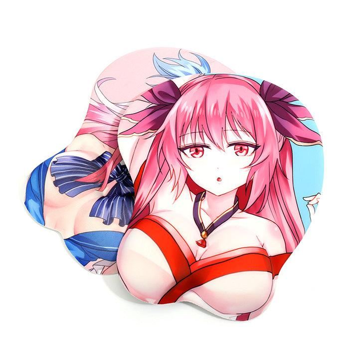 Custom 3D anime mouse pad with wrist support featuring pink-haired character illustration.
