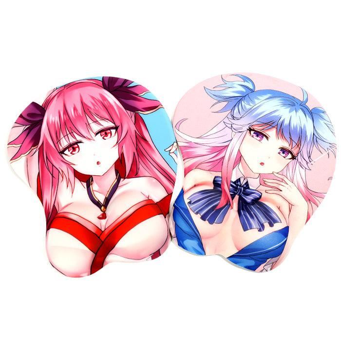 Custom 3D anime mouse pads with wrist support featuring two female characters in colorful outfits.
