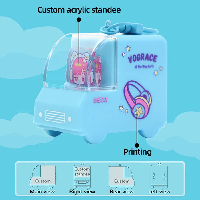 Custom acrylic 3D cartoon car charm with anime character and printed design on blue vehicle