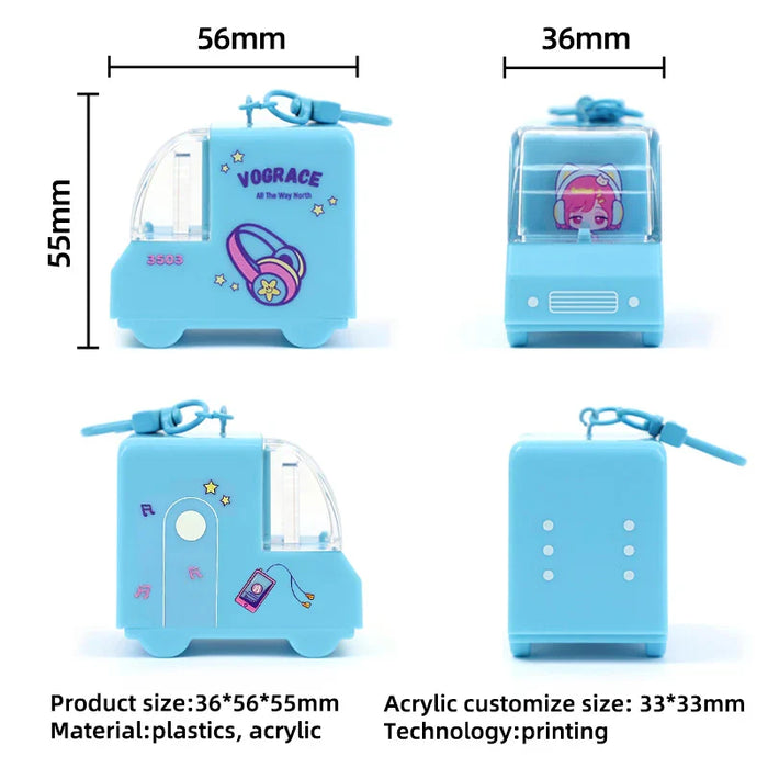 Custom blue acrylic cartoon car charm with keychain, anime-style design, 56x36x55mm