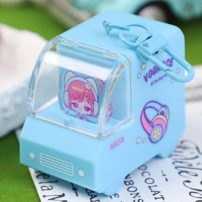 Custom blue acrylic cartoon car charm with anime character and keychain clasp