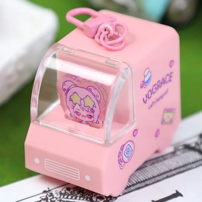 Pink acrylic cartoon car-shaped charm with anime girl illustration and keychain attachment