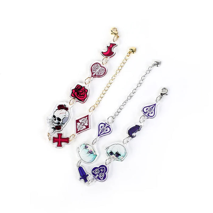 Two custom acrylic charm bracelets with unique anime-inspired and gothic designs on a white background.