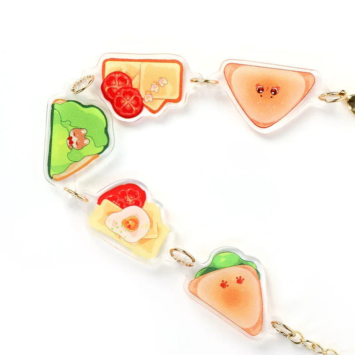 Custom acrylic bracelet with cute sandwich and food charms, cartoon style, on white background